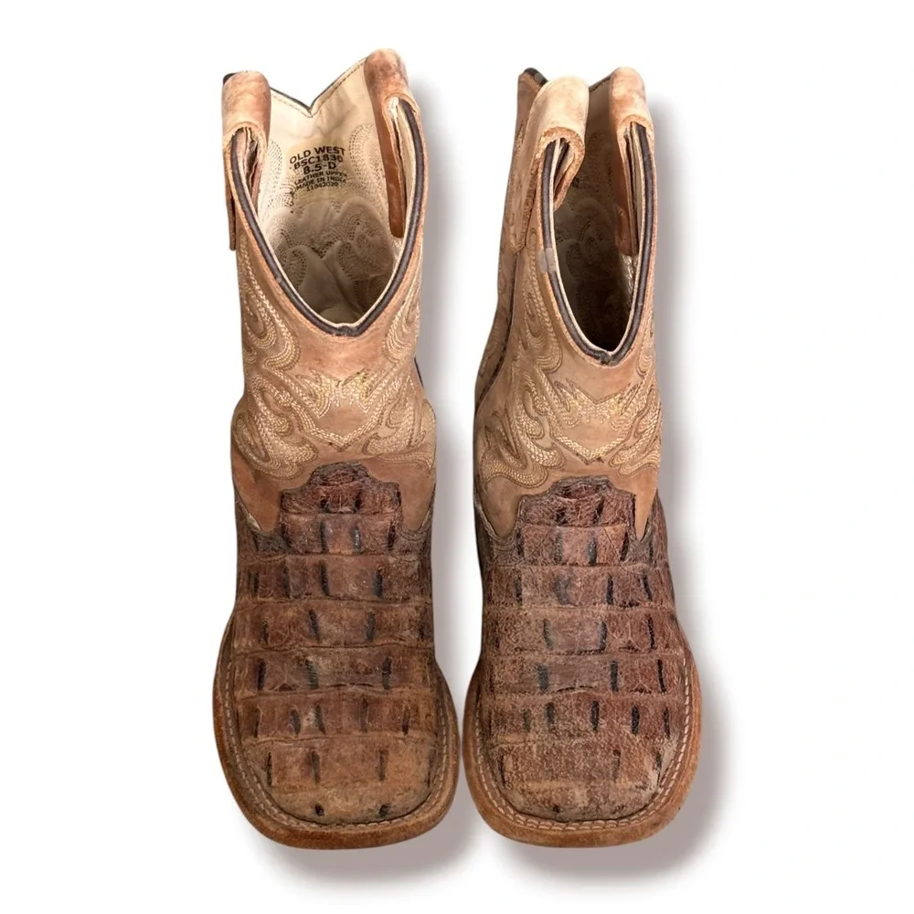 Old West Kids Faux Caiman Western Boots Tan Brown Size 8.5 D Cowboy Ranch